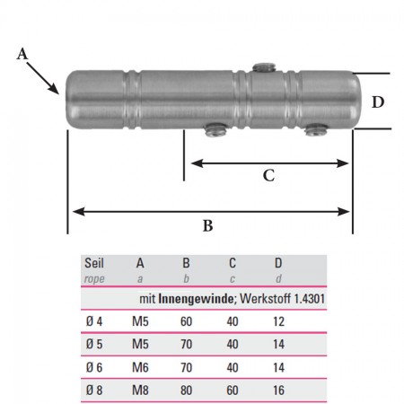 Edelstahl Gewindeterminal zur Selbstmontage V2A, Innengewinde und Seilgröße frei wählbar